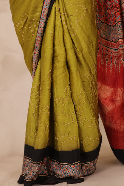 Lemon Green Hand Knotted Bandhej Arakh Modal Silk Saree with Lagdi Pallu | Looms & Tassels