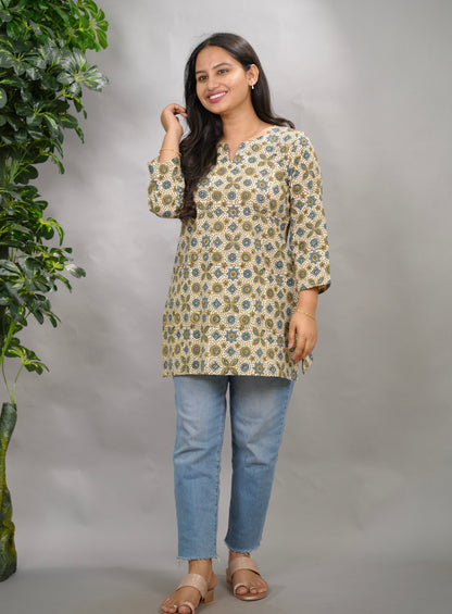 Cream Ajrakh Hand Block Printed Short Top