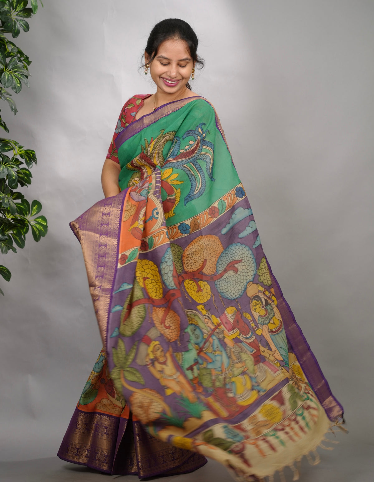 Green & Orange Hand Drawn Pen Kalamkari Bangalore Silk Kanchi Border Saree | Looms & Tassels