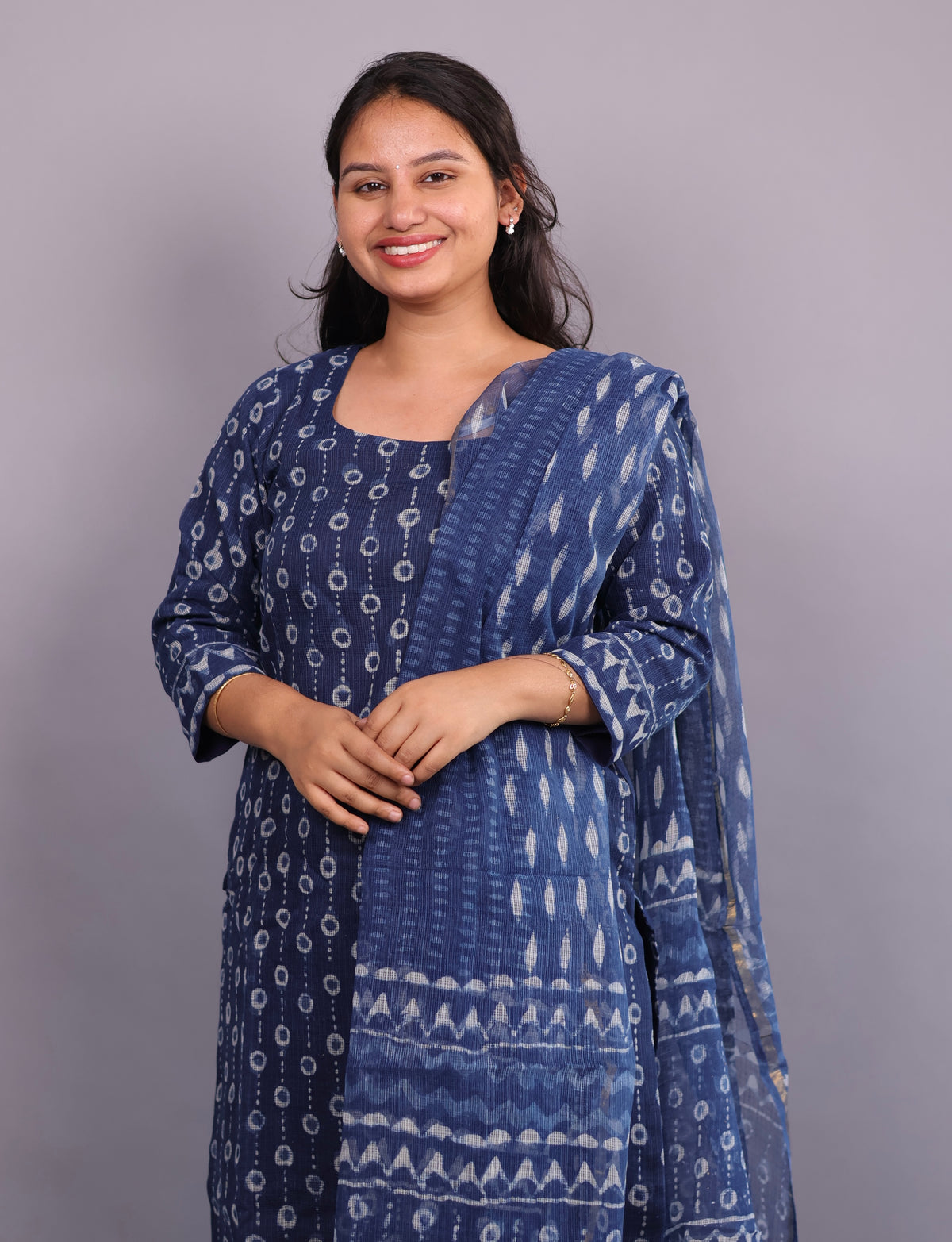 Indigo Handblock printed kota 3 piece suit (stitched)