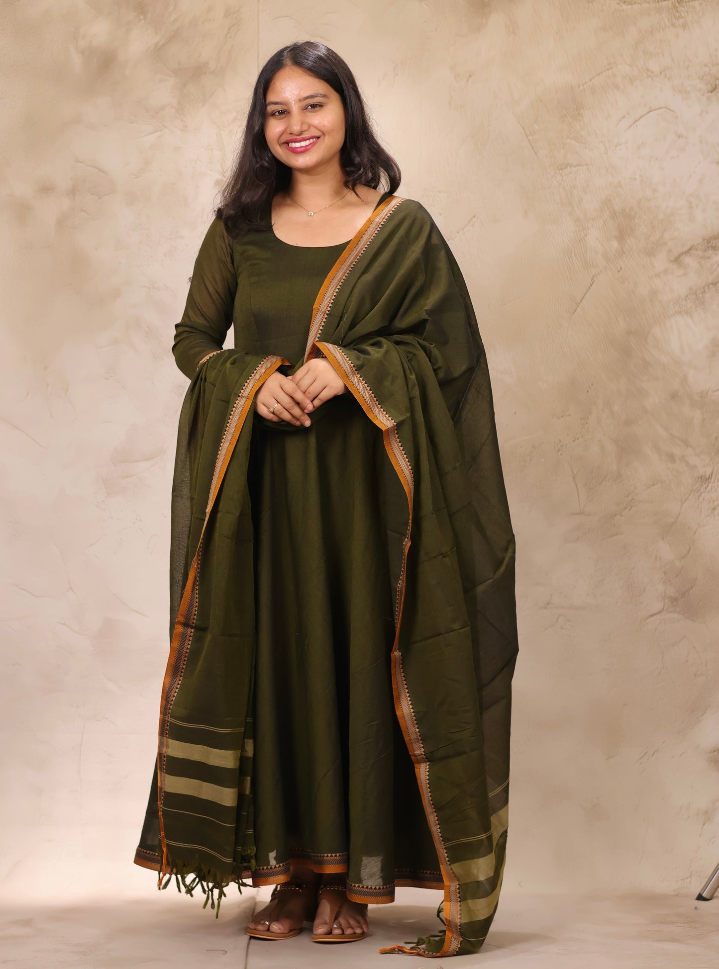 Mehendi Green Narayanpet Cotton Anarkali Dress with Narayanpet Dupatta | Looms & Tassels
