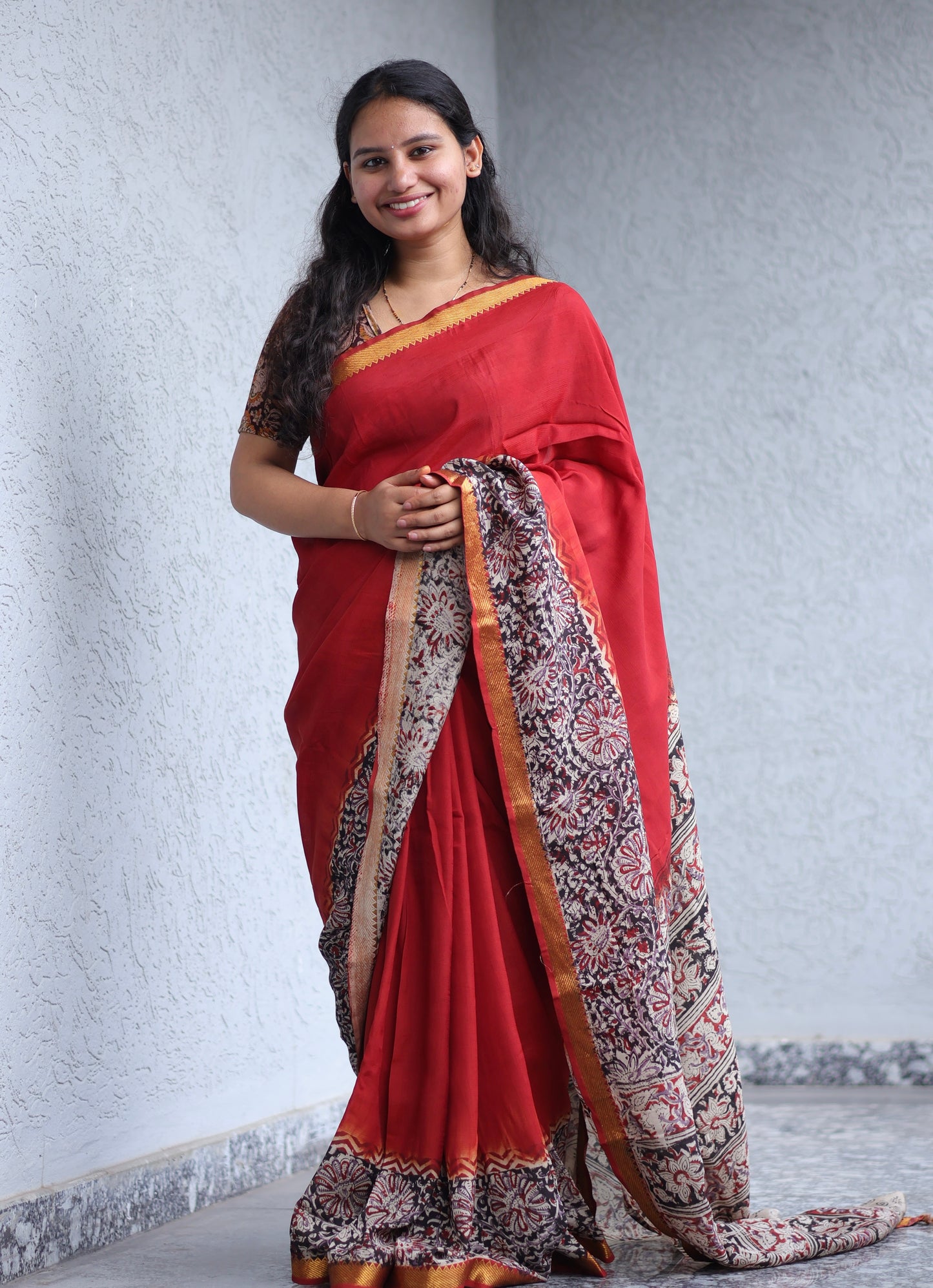 Red Kalamkari dyeing premium chennur silk with hand block print saree