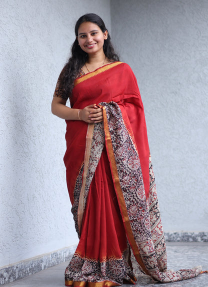 Red Kalamkari dyeing premium chennur silk with hand block print saree