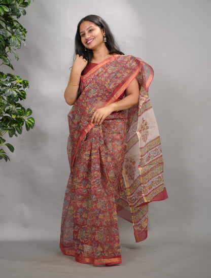 Red Floral Pure Kota Doria Saree with Bagru Handblock Prints