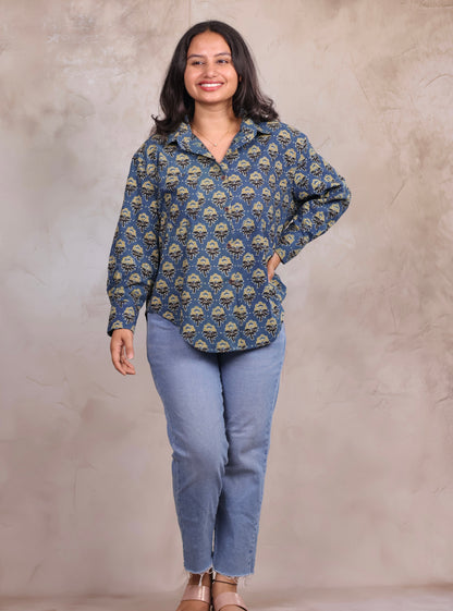 Indigo Ajrakh Handblock Printed Shirt (Pure Cotton ) | Looms & Tassels