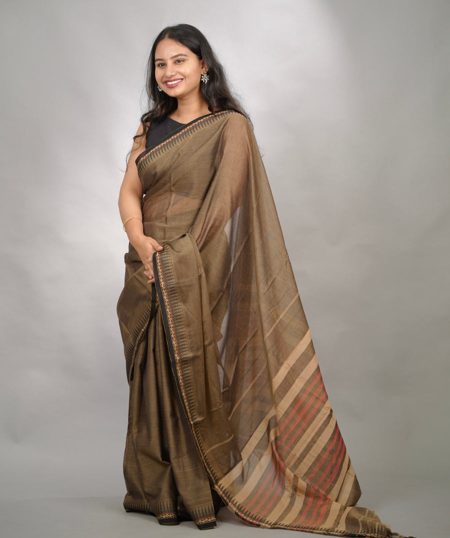 Grey Narayanpet Cotton Saree With Temple Border | Looms & Tassels