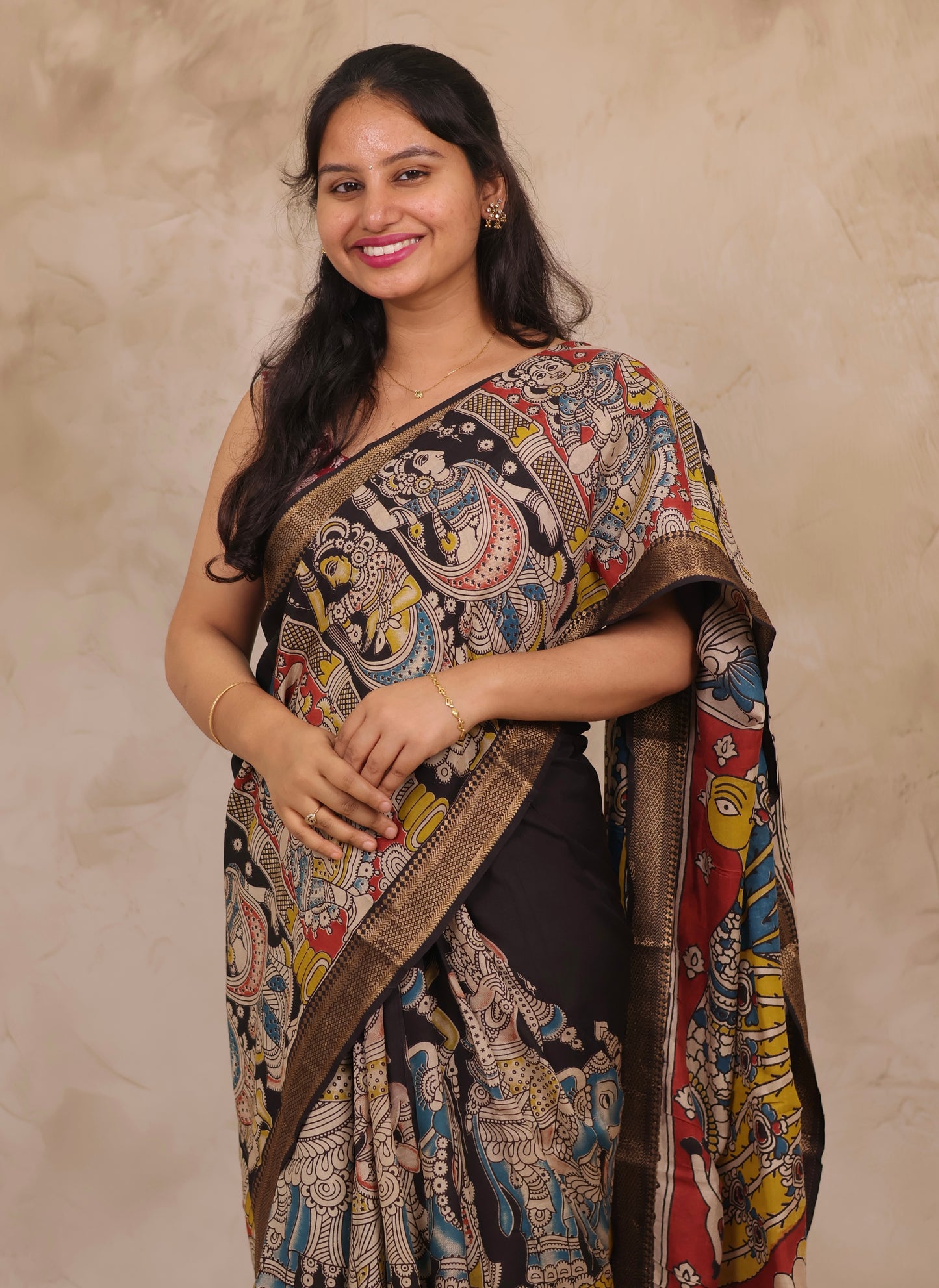 Black Story Telling Kalamkari Nizam Border Chennur Silk Saree | Looms & Tassels