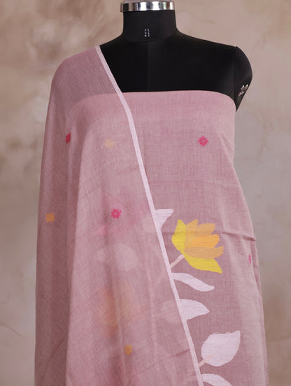 Dusty Pink Handwoven Jamdhani weaving pure Malai cotton 2 piece suit sets | Looms & Tassels
