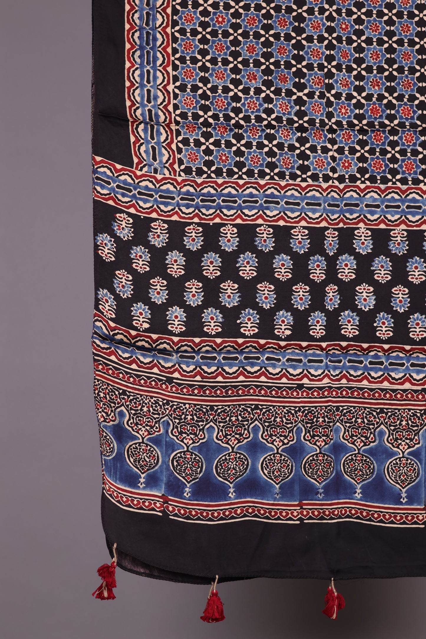 Black Ajrakh Hand Block Printed Modal Silk Stole | Looms & Tassels