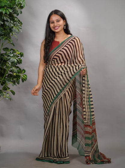 Stripes Chiffon Hand Block Printed Saree | Looms & Tassels