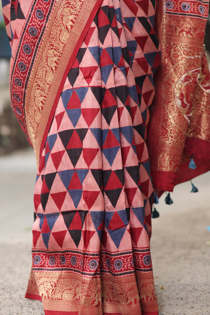 Red Contemporary Ajrakh Dola Silk Saree