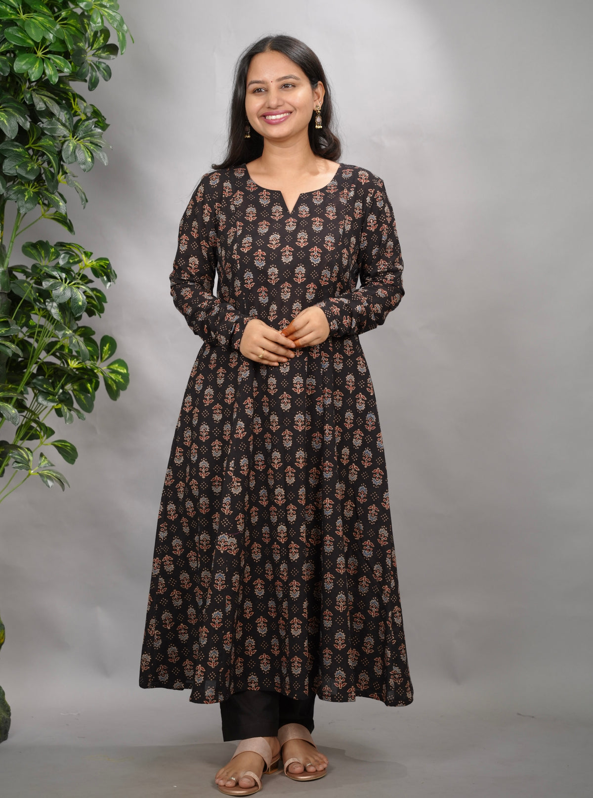 Black Ajrakh Handblock Printed Kali Kurta with Chudi Sleeves