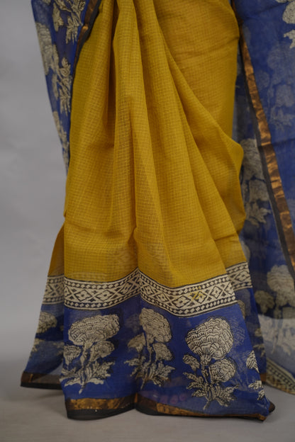 Mustard and Blue Pure Kota Doria Saree with Bagru Handblock Prints