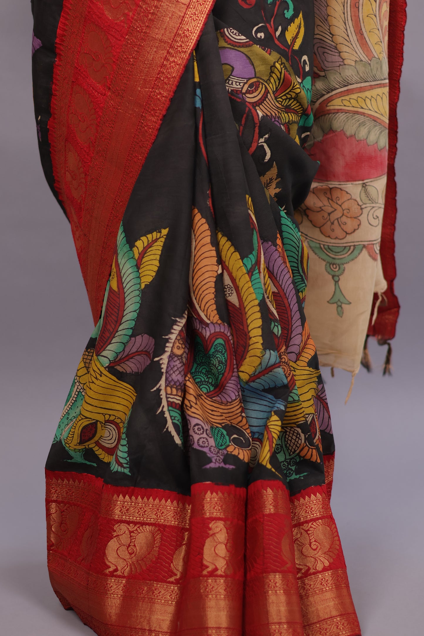 Black Hand Painted Pen Kalamkari Silk Saree