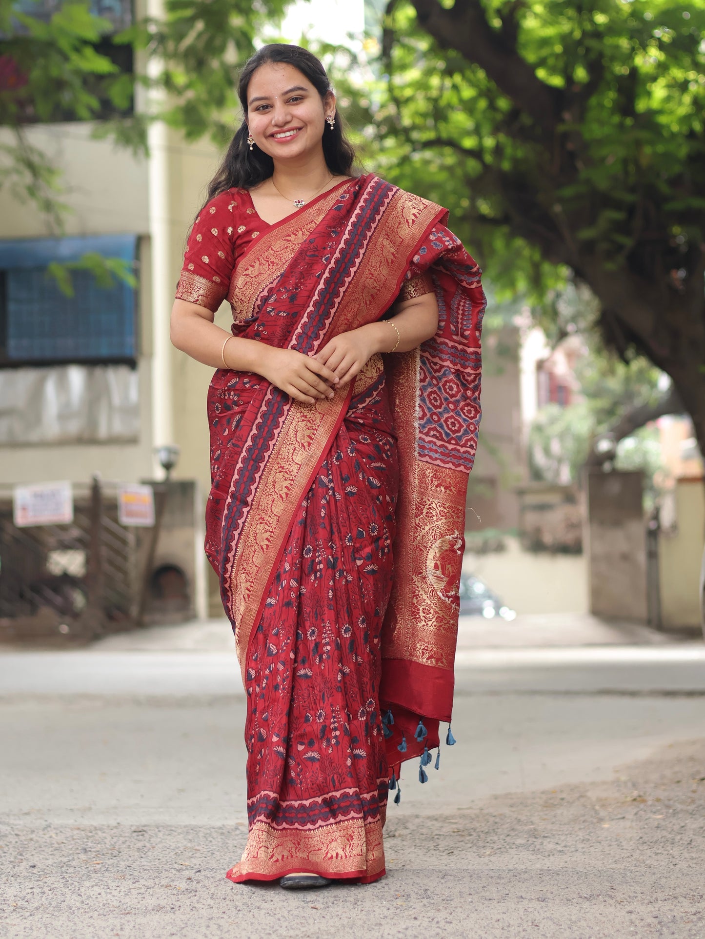 Maroon Ajrakh Dola Silk Saree