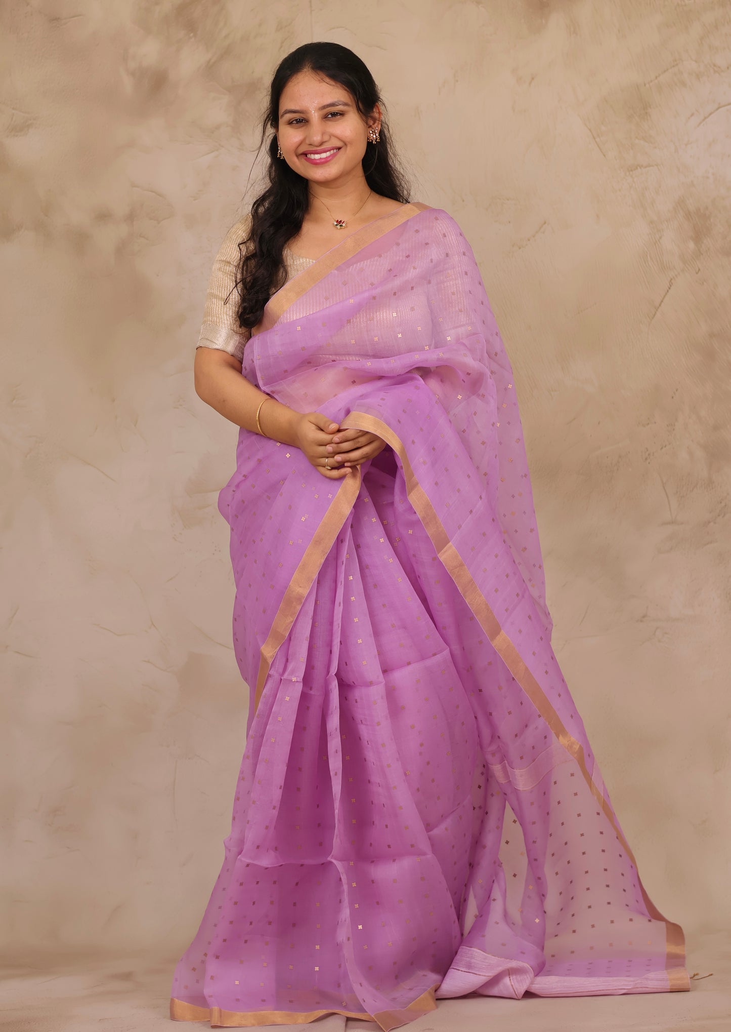 Pastel Lavender Handwoven Muslin Silk Saree With Sequence Work | Looms & Tassels