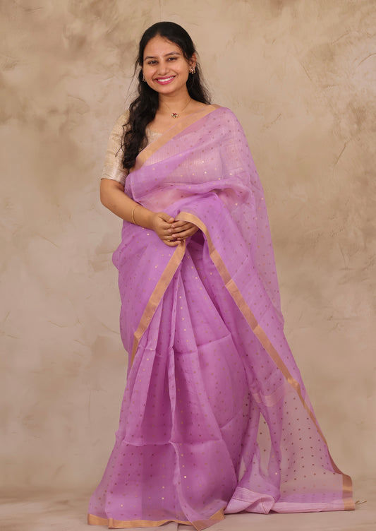 Pastel Lavender Handwoven Muslin Silk Saree With Sequence Work | Looms & Tassels