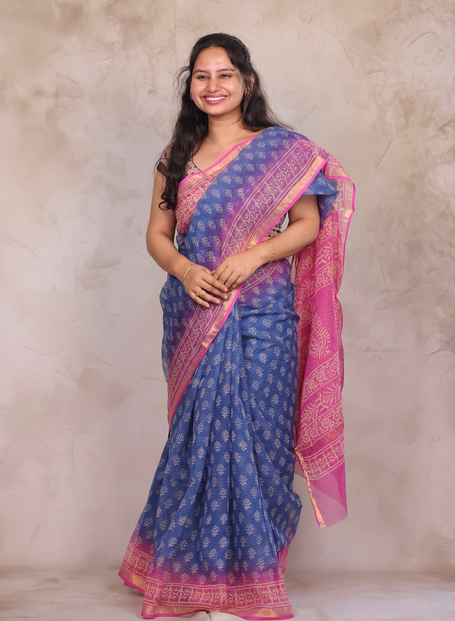 Blue And Rani pink Dual Shade Pure Kota Doria Saree with Bagru Handblock Prints | Looms & Tassels