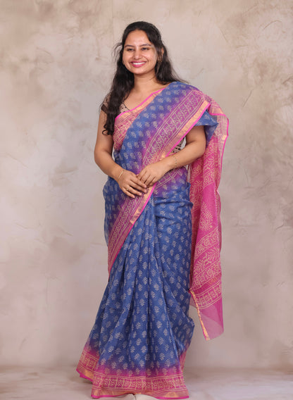 Blue And Rani pink Dual Shade Pure Kota Doria Saree with Bagru Handblock Prints | Looms & Tassels