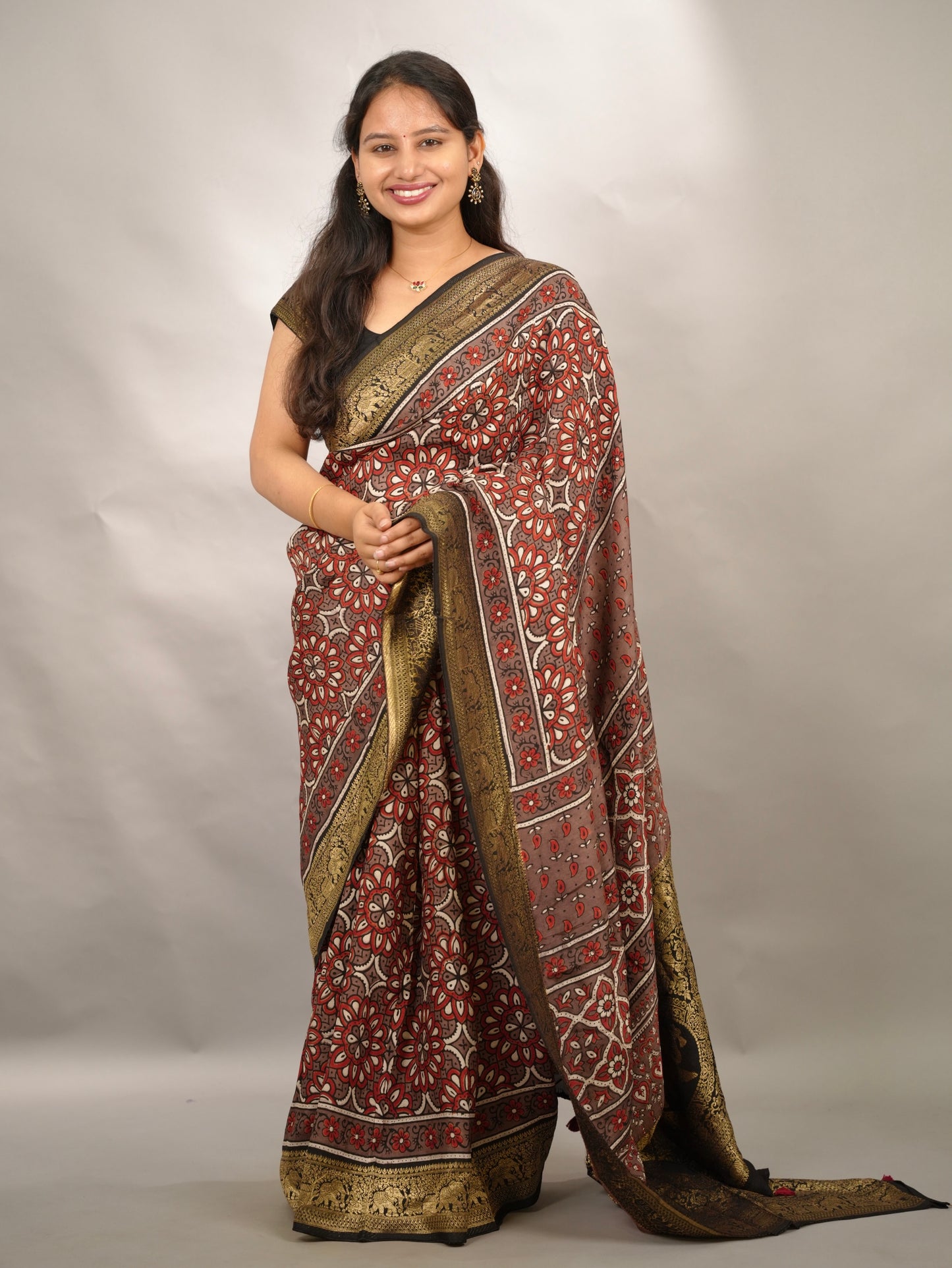 Ajrakh Handblock printed Dola Silk Saree | Looms & Tassels