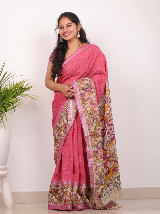 Pink Checks Kalamkari dyeing premium chennur silk saree