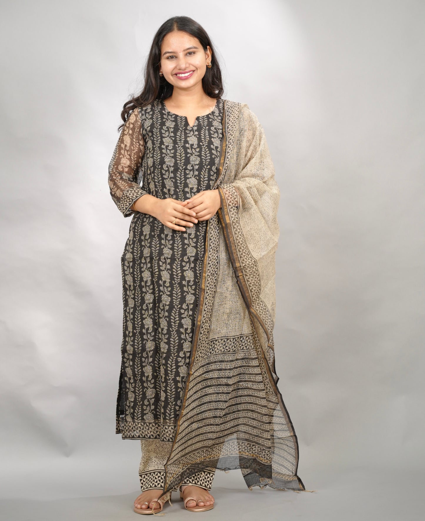 Black Handblock printed kota 3 piece suit (stitched)