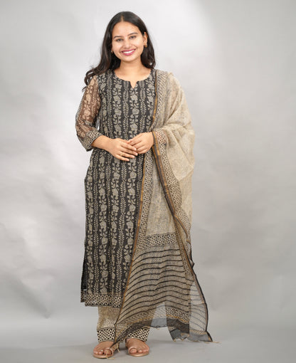 Black Handblock printed kota 3 piece suit (stitched)