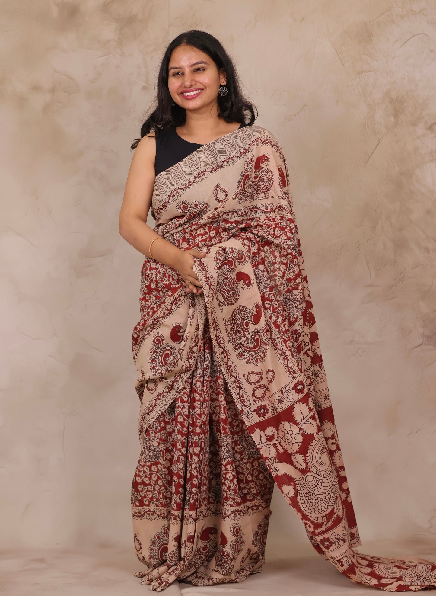 Cream Kalamkari Cotton Saree