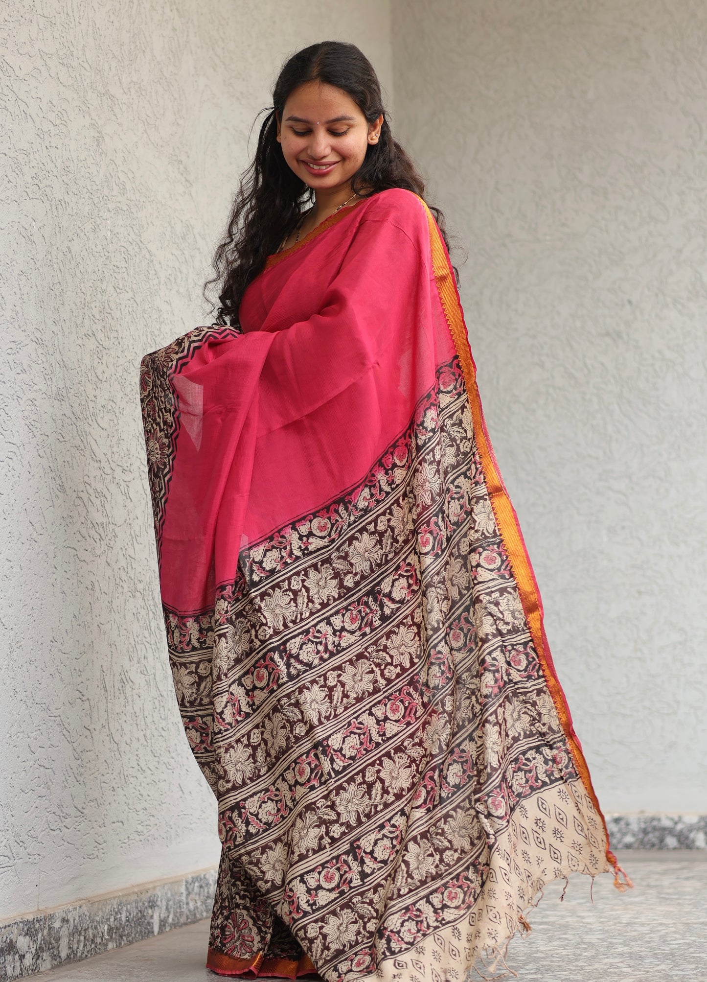Pink Kalamkari dyeing premium chennur silk with hand block print saree