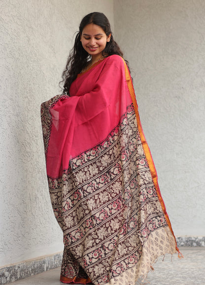 Pink Kalamkari dyeing premium chennur silk with hand block print saree