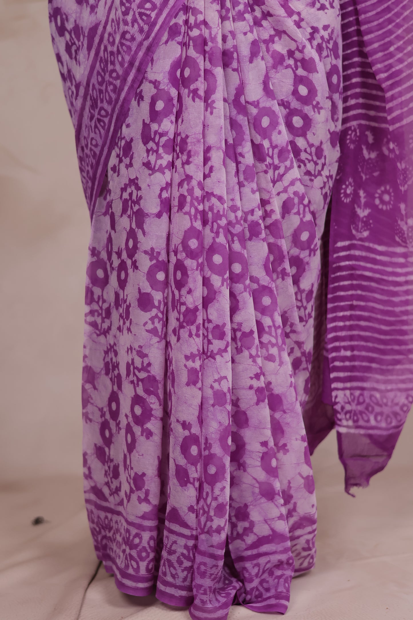 Purple Chiffon Hand Block Printed Saree | Looms & Tassels