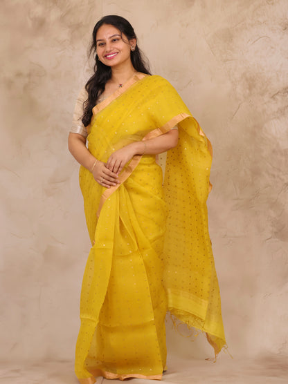 Mustard Handwoven Muslin Silk Saree With Sequence Work | Looms & Tassels