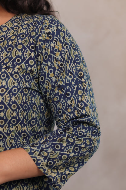 Indigo Ajrakh Hand Block Printed Kurti | Looms & Tassels