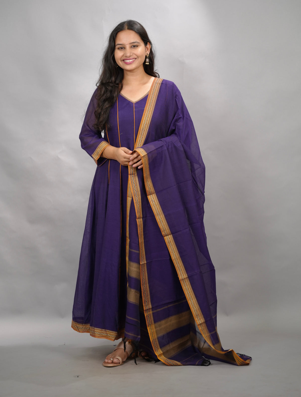 Violet Narayanpet Cotton Anarkali Dress with Narayanpet Dupatta | Looms & Tassels