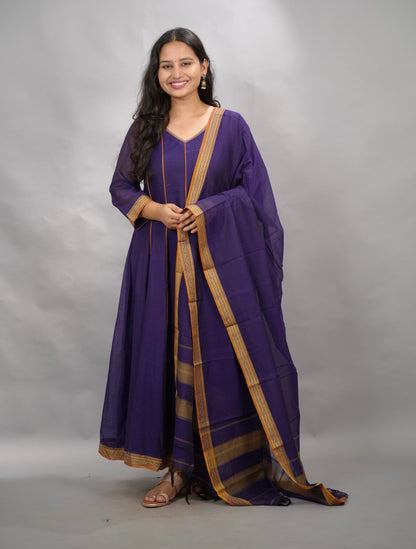 Violet Narayanpet Cotton Anarkali Dress with Narayanpet Dupatta | Looms & Tassels