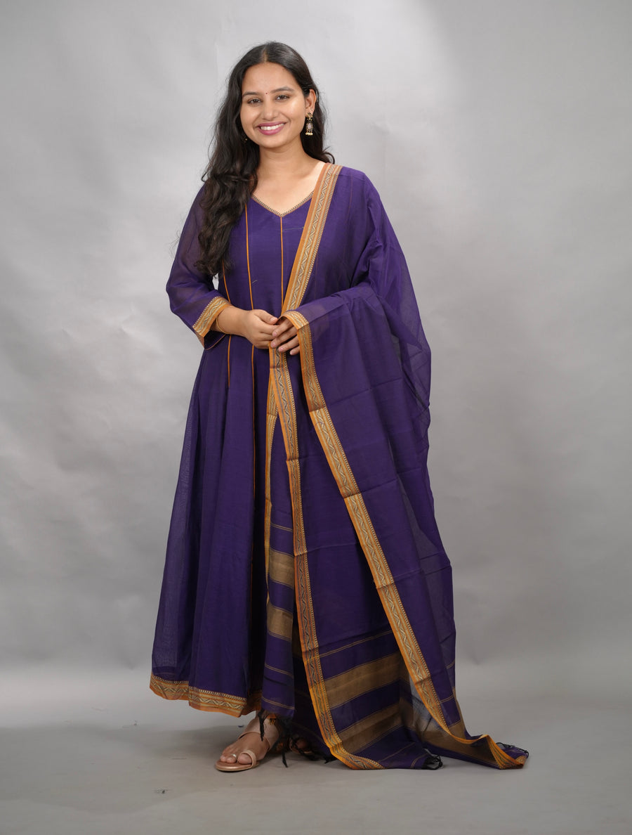 Violet Narayanpet Cotton Anarkali Dress with Narayanpet Dupatta | Looms & Tassels