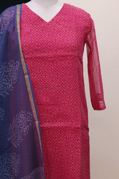 Pink Handblock printed kota 3 piece suit (stitched)
