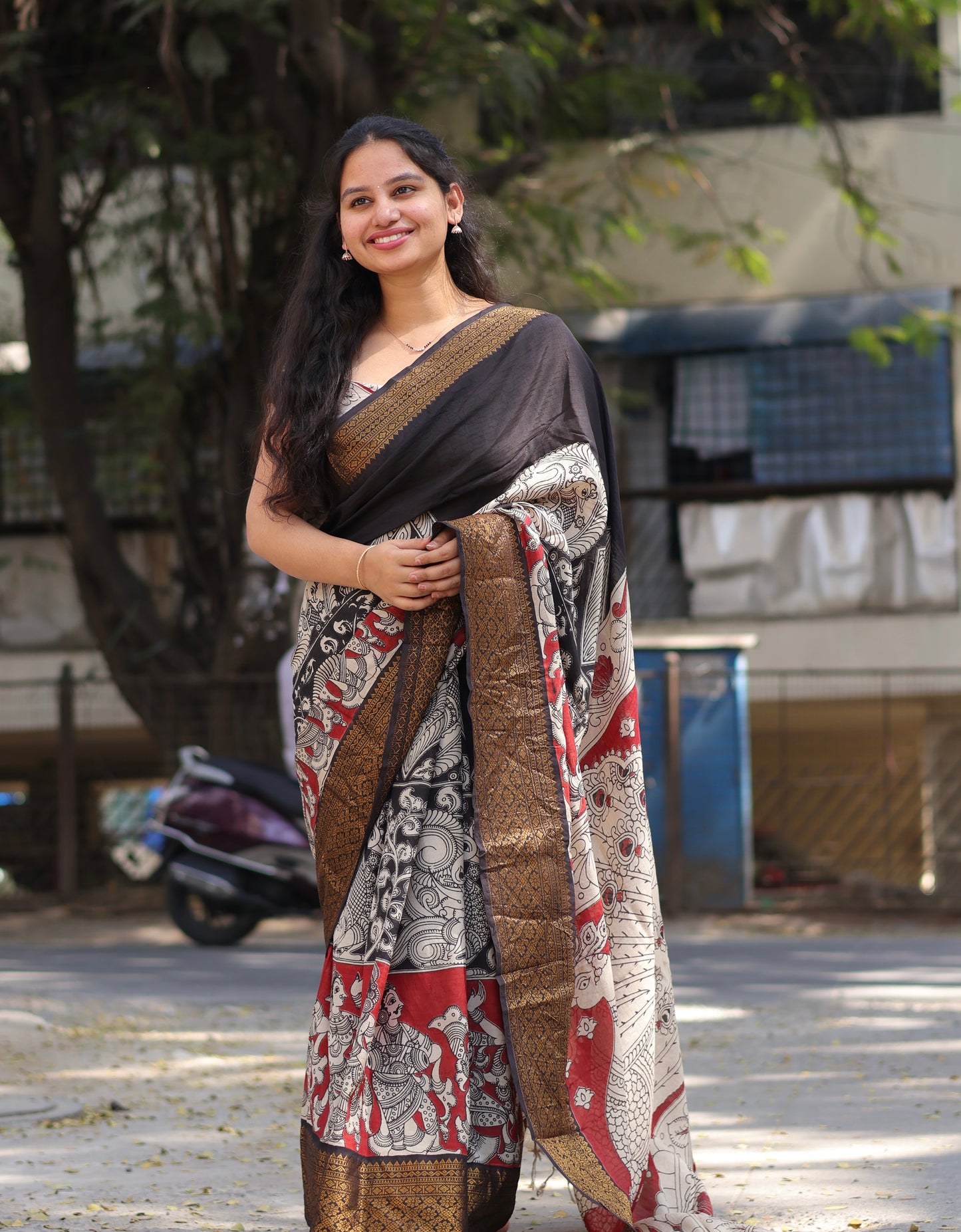 Black & Red  Kanchi border Kalamkari chennur silk saree