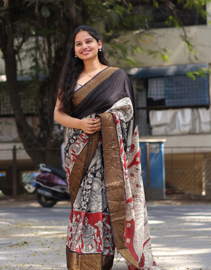 Black & Red  Kanchi border Kalamkari chennur silk saree