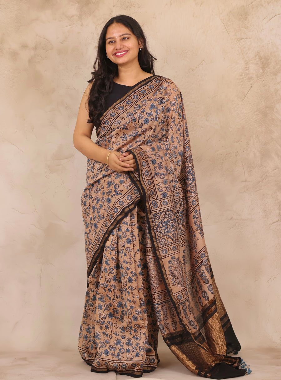Chanderi Silk Cotton Ajrakh Handblock Printed Saree | Looms & Tassels