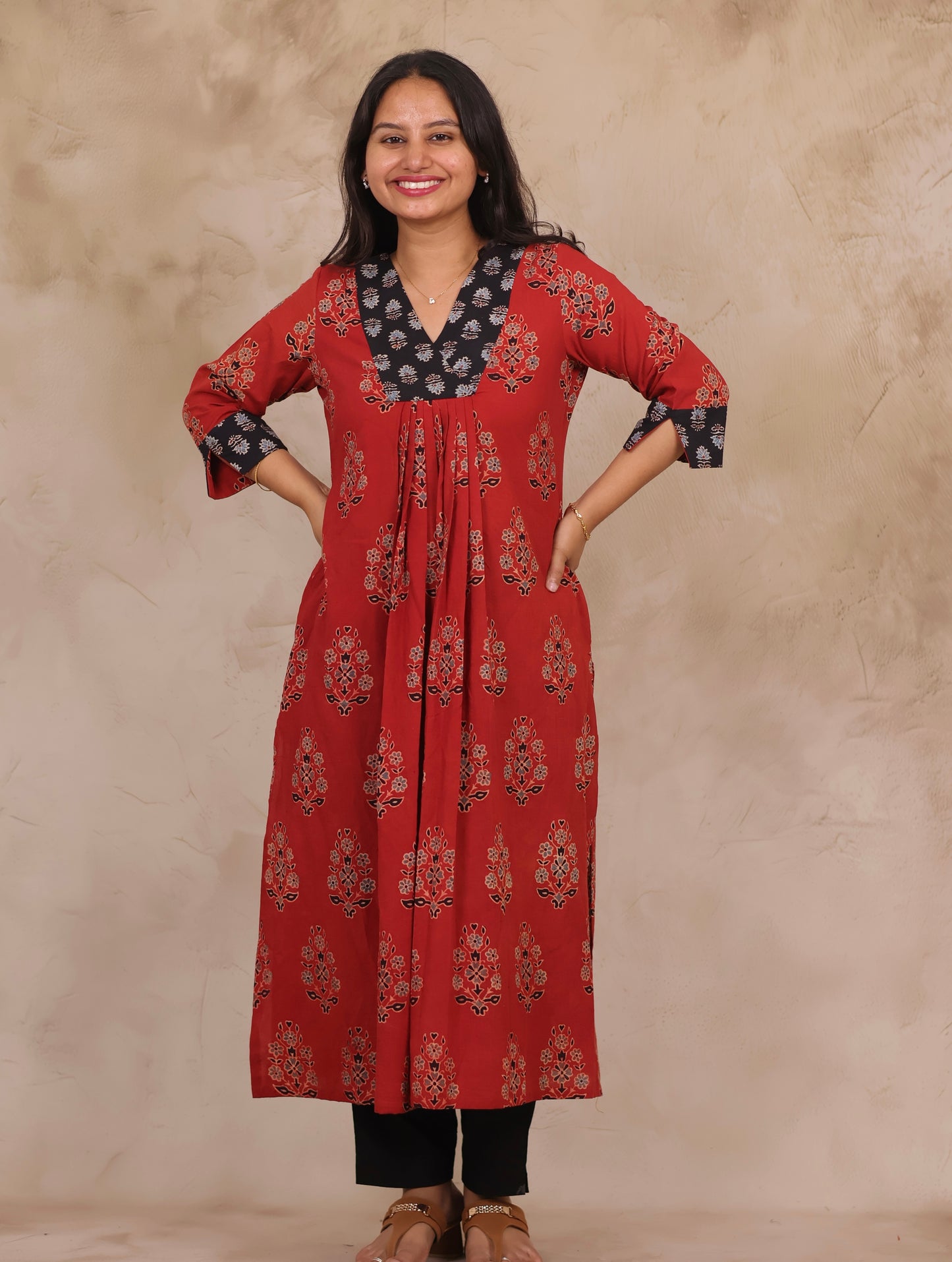 Red Pure Mul Cotton Ajrakh Patchwork Aline Kurta | Looms & Tassels
