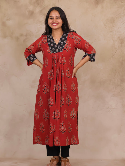 Red Pure Mul Cotton Ajrakh Patchwork Aline Kurta | Looms & Tassels