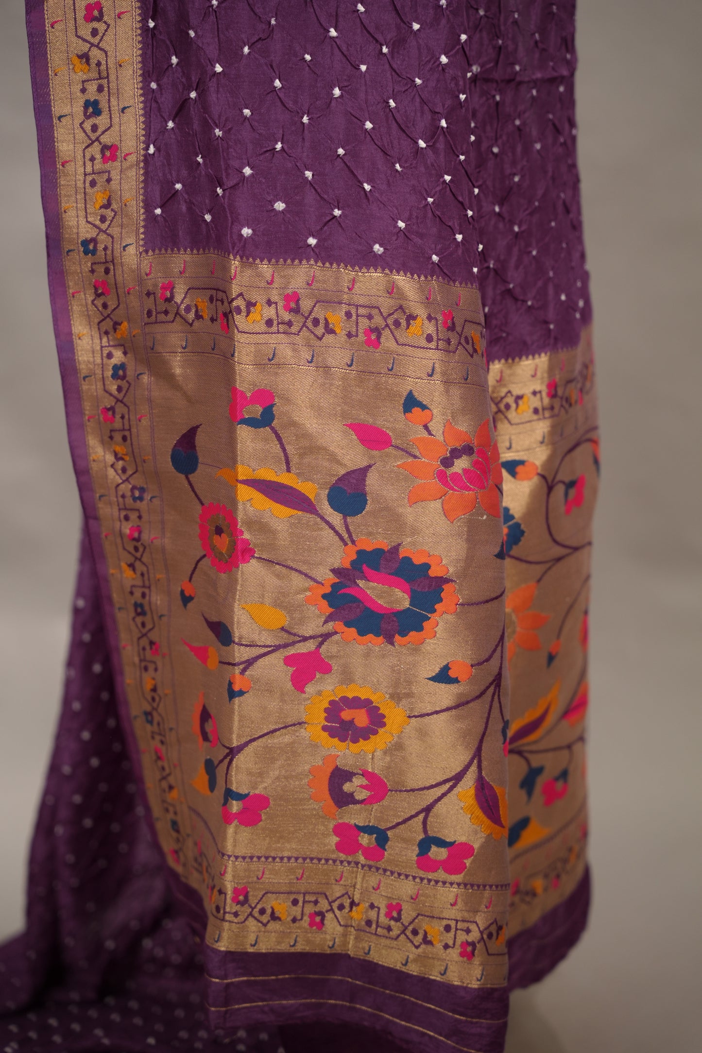 Purple Handcrafted Bandhani Paithani Dola Silk Saree | Looms & Tassels