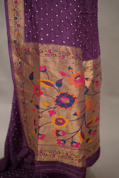 Purple Handcrafted Bandhani Paithani Dola Silk Saree | Looms & Tassels