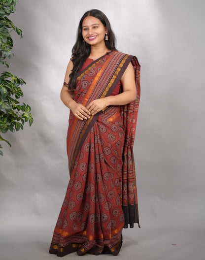 Maroon Ajrakh Hand Block Printed Sungudi Cotton Saree | Looms & Tassels