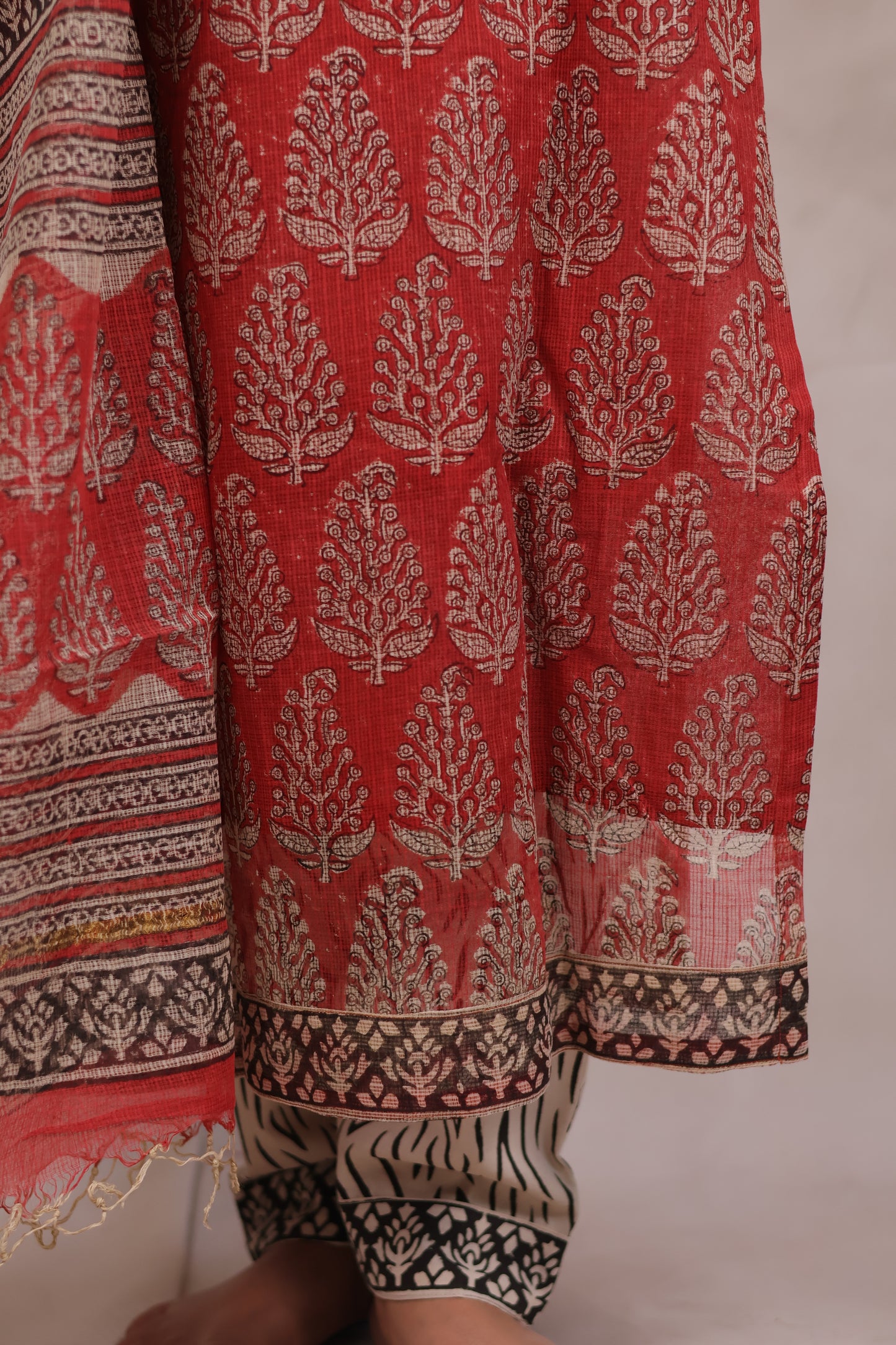 Red Handblock printed kota 3 piece suit (stitched)