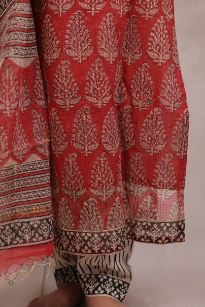 Red Handblock printed kota 3 piece suit (stitched)