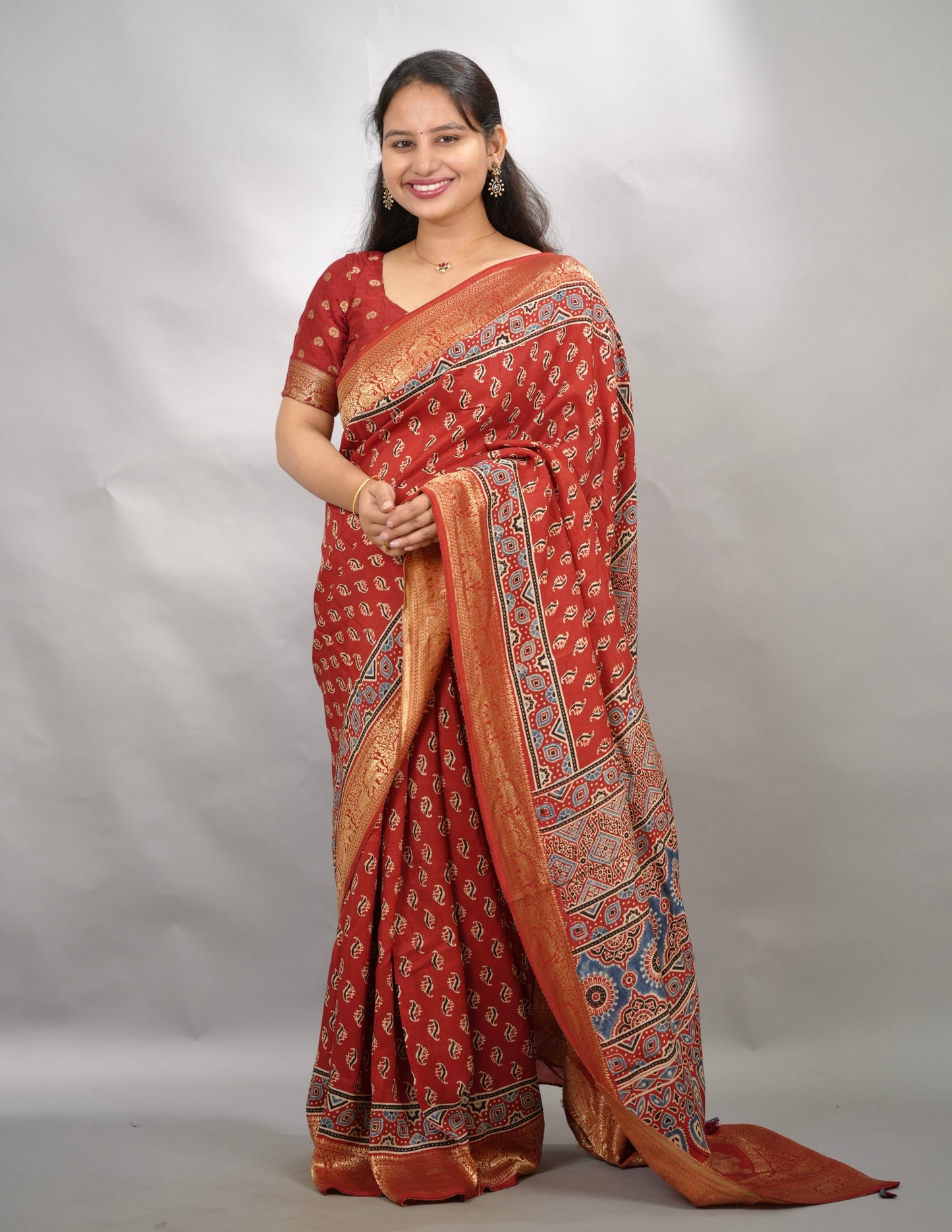 Red Butta Ajrakh Handblock printed Dola Silk Saree | Looms & Tassels