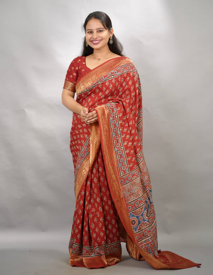 Red Butta Ajrakh Handblock printed Dola Silk Saree | Looms & Tassels