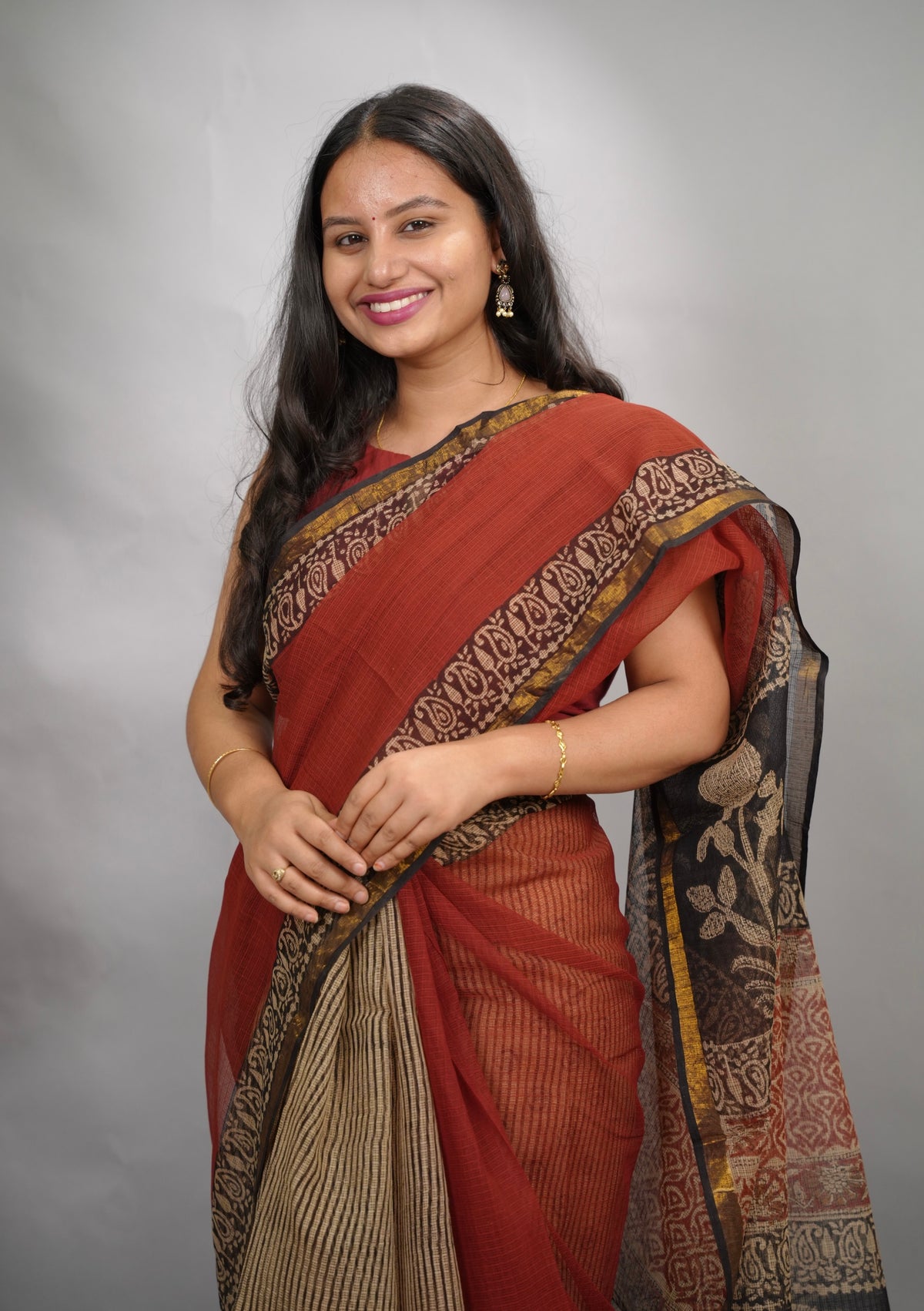 Maroon Pure Kota Doria Saree with Bagru Handblock Prints